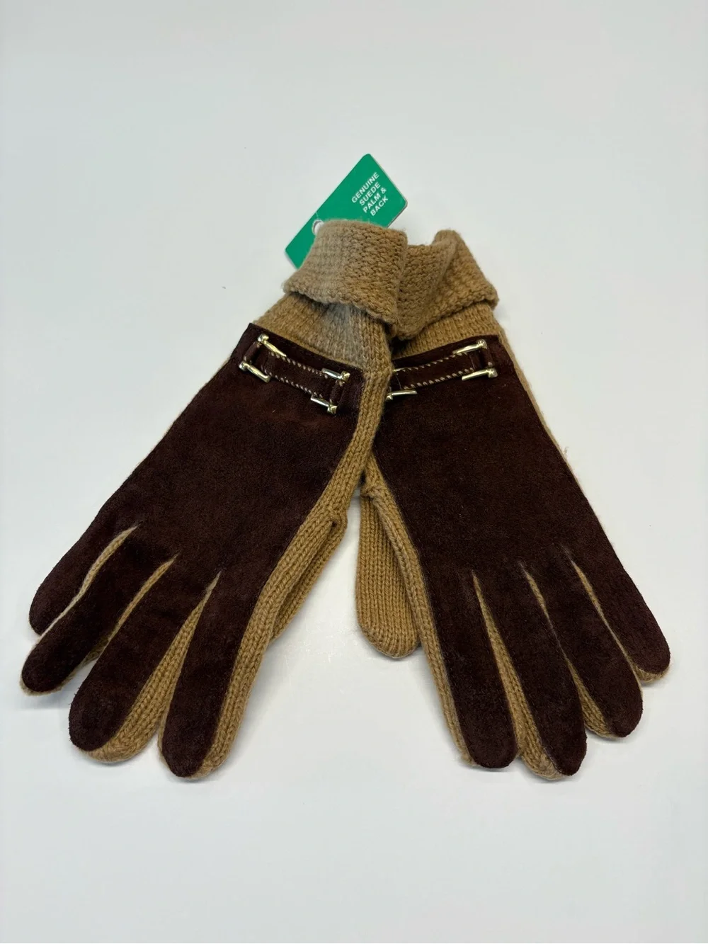 Vintage Deadstock Brown Knit and Genuine Suede Gloves NWT